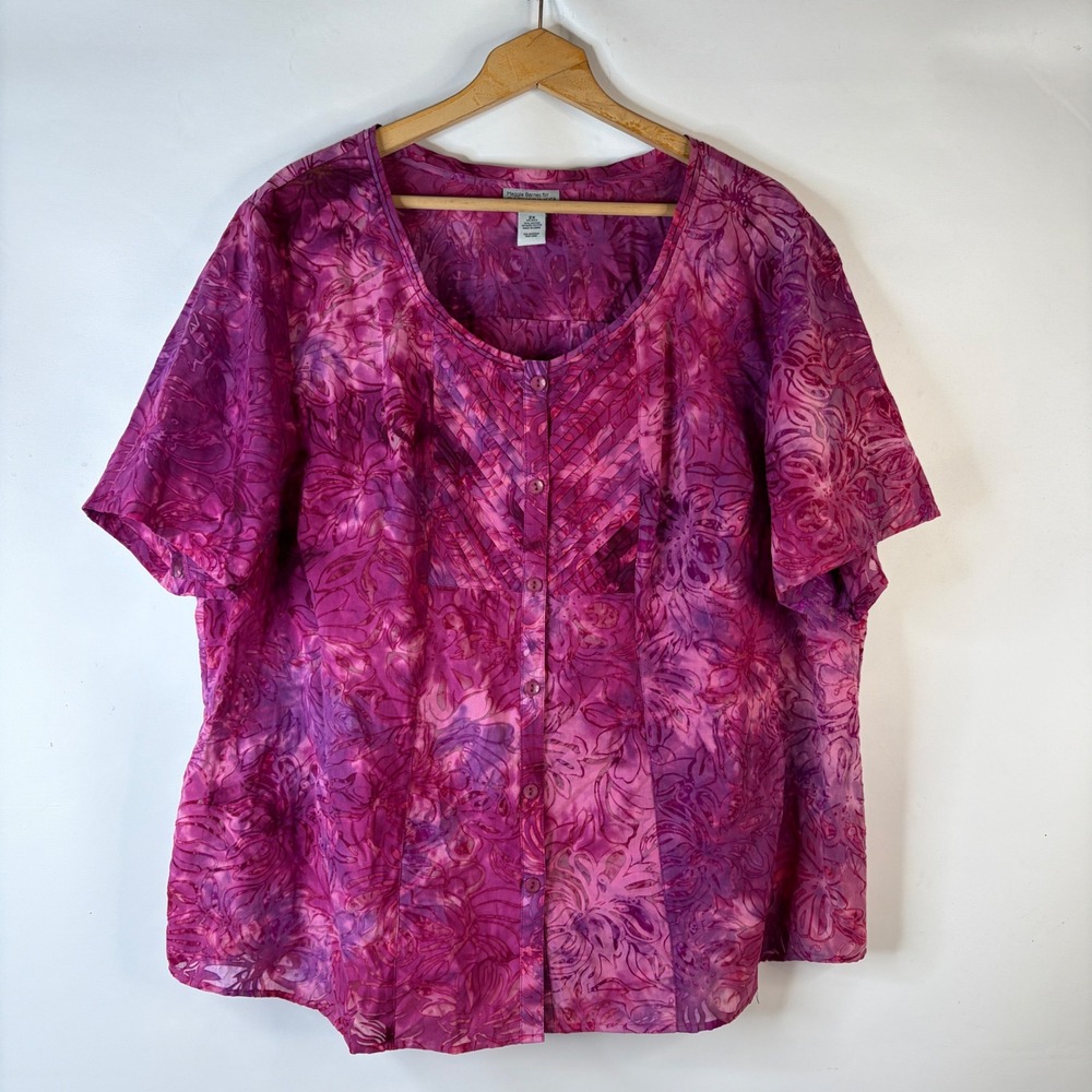 Maggie Barnes Catherines Blouse Womens 2X Purple Floral Batik Burnout Button Top
